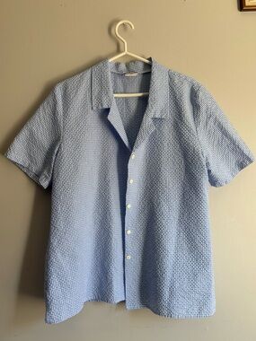 Vintage Short-Sleeve Gingham Button-Up Shirt/Blouse Light Blue Unisex